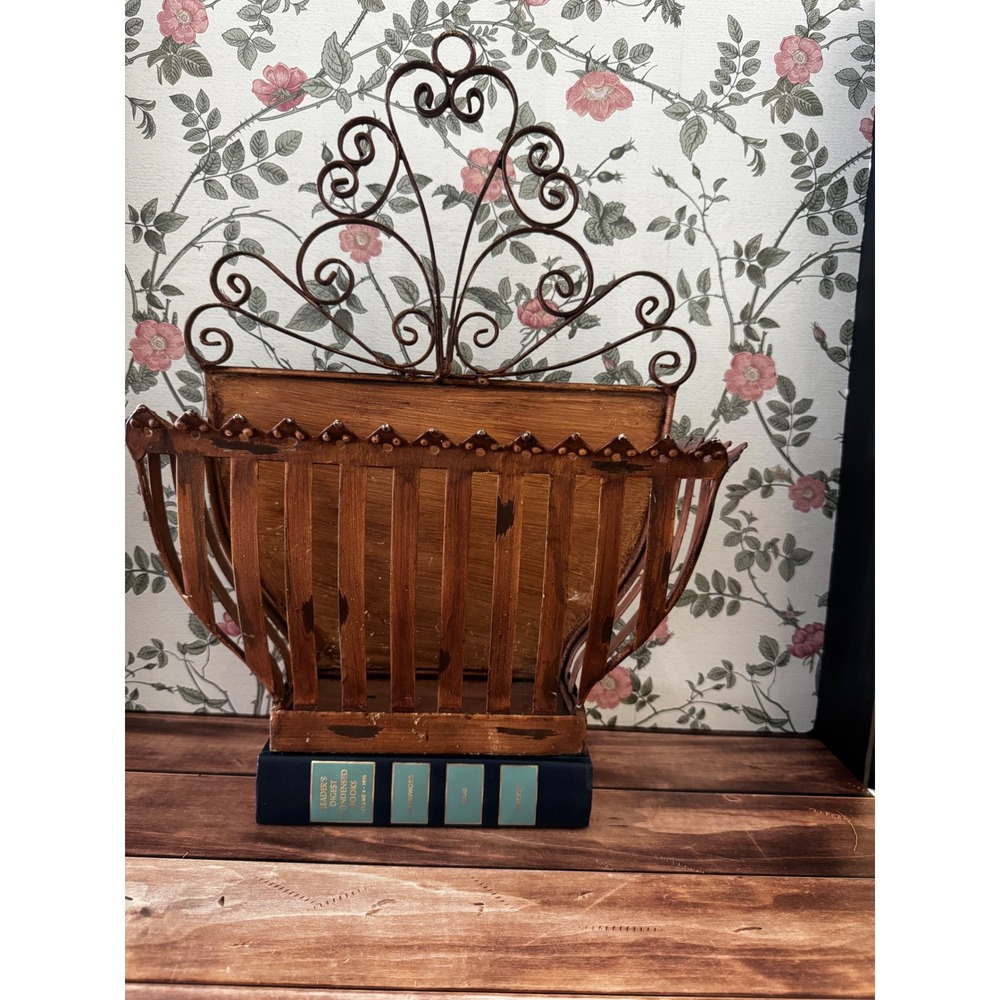 Vintage Metal Wall Pocket Mail Holder Scrolled Filigree Bronze Floral Basket